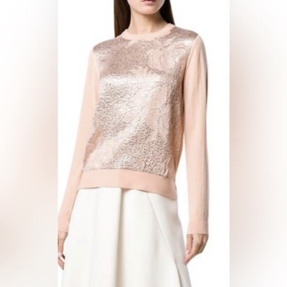 Tory Burch Peach Floral Cloque Front Crew neck Silk Wool Sweater sz Small - Picture 1 of 10
